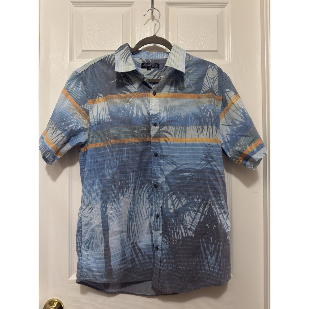 Maui Clothing Men's Hawaiian Shirt Large Blues Gold Short Sleeve Palm Trees EUC
